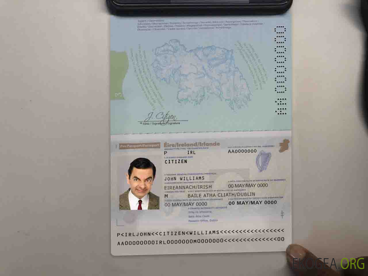 Modèle de passeport irlandais au format PSD (+ aspect photo PSD modifiable), entièrement modifiable, avec toutes les polices